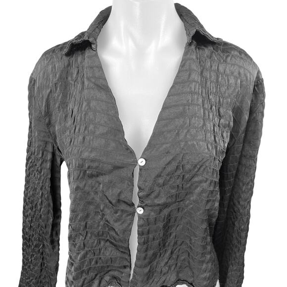 Zara Black Long Sleeve Striped Textured Collared Button Down Shirt Blouse Top M - Picture 3 of 5